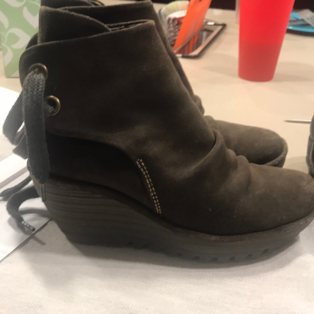 Fly London Tie Back Brown Suede Wedge Boots